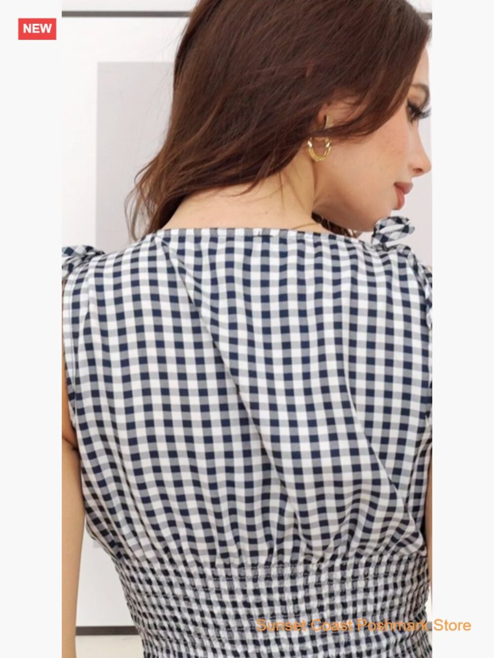 Tie Shoulder A Line Gingham Checkered Dress Boat Neck Sleeveless Mini - Picture 6 of 6